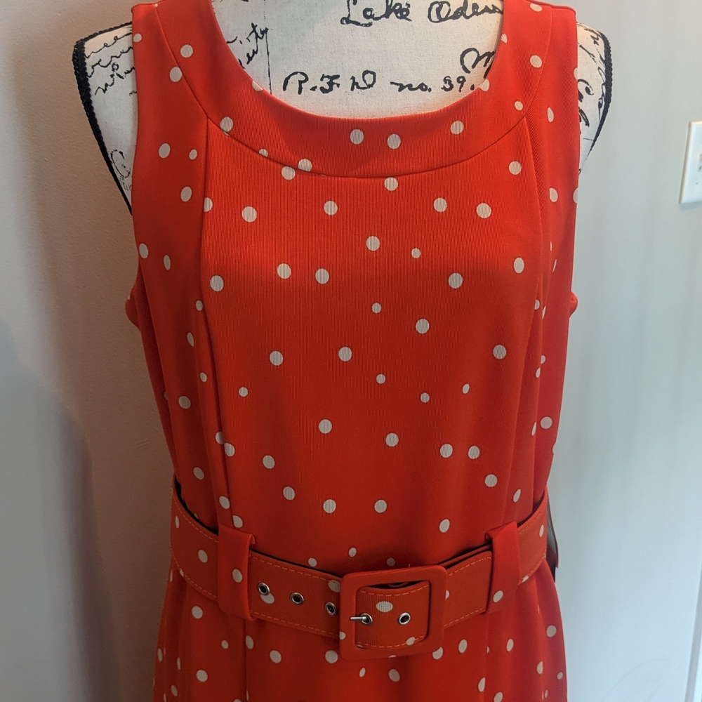 Orange & Cream dress with Crew Neck and Polka Dots